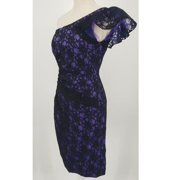 Mori Lee One Shoulder Lace Cocktail Dress 0 Sheath Ruffle Ruched Black Purple - Picture 4 of 10